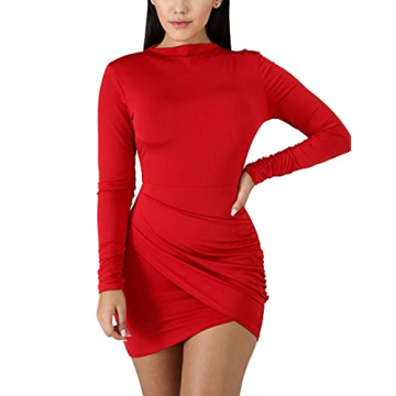 BORIFLORS Women's Sexy Wrap Front Long Sleeve Ruched Bodycon Mini Club Dress in Red