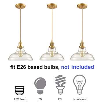 CLAXY Industrial Brass/Gold Pendant Lights Glass Dome Kitchen Hanging Light Fixture-3 Pack
