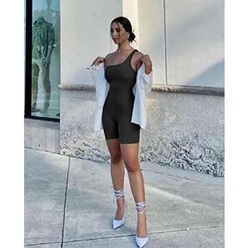 GOBLES Women's Sexy One Shoulder Sleeveless Bodycon Short Pants Jumpsuits One Piece Romper Black