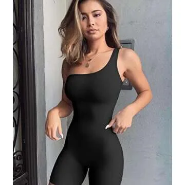 GOBLES Women's Sexy One Shoulder Sleeveless Bodycon Short Pants Jumpsuits One Piece Romper Black