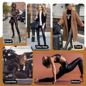 MOREFEEL Women’s Faux Leather Leggings Tummy Control Stretch High Waist Black Pleather Pants Fleece Lined Tights
