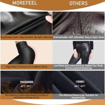 MOREFEEL Women’s Faux Leather Leggings Tummy Control Stretch High Waist Black Pleather Pants Fleece Lined Tights