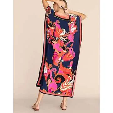Eddoyee Women Long Print Swimwear Cover Up Sexy V Neck Side Split Beach Caftans Lounge Dresses Dark Blue