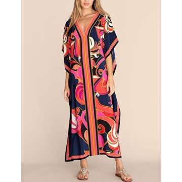 Eddoyee Women Long Print Swimwear Cover Up Sexy V Neck Side Split Beach Caftans Lounge Dresses Dark Blue