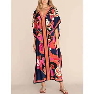 Eddoyee Women Long Print Swimwear Cover Up Sexy V Neck Side Split Beach Caftans Lounge Dresses Dark Blue