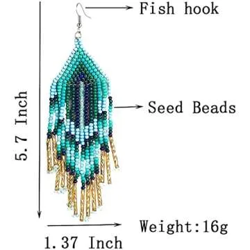 Diulazin Long Beaded Tassel Earrings Classic Plaid Fringe Drop Earrings Bohemian Handmade Seed Bead Tribal Dangle Earrings