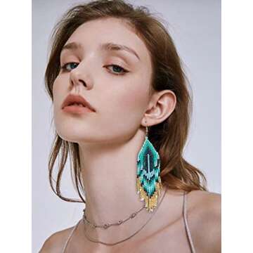 Diulazin Long Beaded Tassel Earrings Classic Plaid Fringe Drop Earrings Bohemian Handmade Seed Bead Tribal Dangle Earrings
