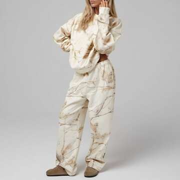 Jielayou Camo Sweatsuits for Women Set 2 Piece Crewneck Camo Hoodies & Wide Leg Camo Sweatpant Fall Outfits Lounge Sets