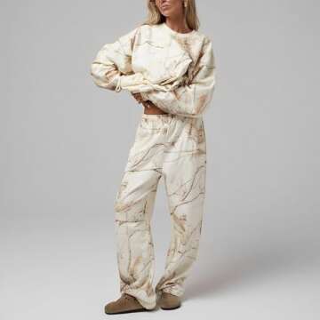 Jielayou Camo Sweatsuits for Women Set 2 Piece Crewneck Camo Hoodies & Wide Leg Camo Sweatpant Fall Outfits Lounge Sets