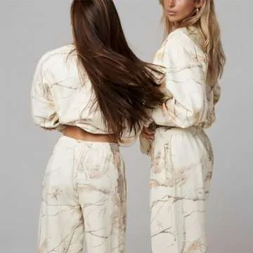 Jielayou Camo Sweatsuits for Women Set 2 Piece Crewneck Camo Hoodies & Wide Leg Camo Sweatpant Fall Outfits Lounge Sets