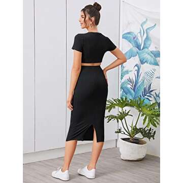 OYOANGLE Women's Maternity 2 Piece Outfits Rib Knit Crop Tee Top and Midi Skirt Set Lounge Set Black L