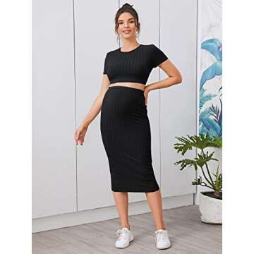 OYOANGLE Women's Maternity 2 Piece Outfits Rib Knit Crop Tee Top and Midi Skirt Set Lounge Set Black L