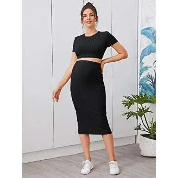 OYOANGLE Women's Maternity 2 Piece Outfits Rib Knit Crop Tee Top and Midi Skirt Set Lounge Set Black L