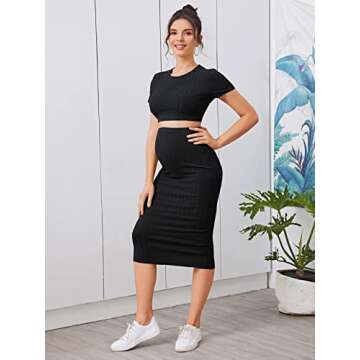 OYOANGLE Women's Maternity 2 Piece Outfits Rib Knit Crop Tee Top and Midi Skirt Set Lounge Set Black L