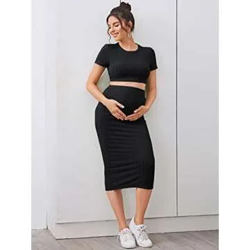 OYOANGLE Women's Maternity 2 Piece Outfits Rib Knit Crop Tee Top and Midi Skirt Set Lounge Set Black L