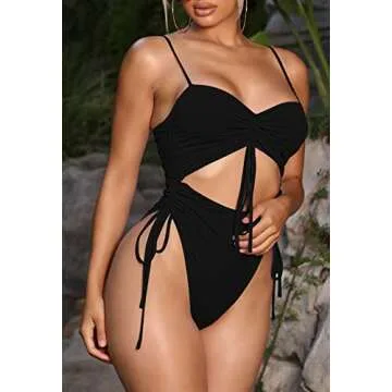 Viottiset Women's Cut Out Drawstring One Piece Swimsuit Cheeky High Cut Bathing Suit Black Large