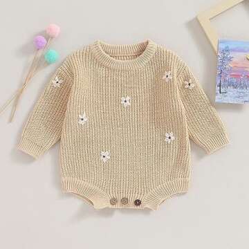 bebeshopdelageyhu Newborn Baby Girl Sweater Romper Bubble Knit Flower Oversized Sweatshirt Pullover Infant Warm Outfits (0-3 Months,Apricot)
