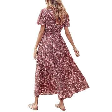 PRETTYGARDEN Women's Summer Casual Short Flutter Sleeve Round Neck Smocked Waist Tiered Boho Floral Flowy Maxi Dress(Floral Red Brown,Small)