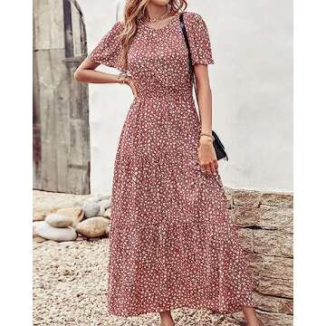 PRETTYGARDEN Women's Summer Casual Short Flutter Sleeve Round Neck Smocked Waist Tiered Boho Floral Flowy Maxi Dress(Floral Red Brown,Small)