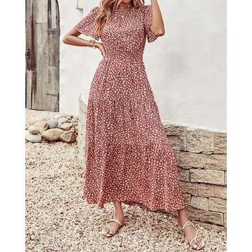 PRETTYGARDEN Women's Summer Casual Short Flutter Sleeve Round Neck Smocked Waist Tiered Boho Floral Flowy Maxi Dress(Floral Red Brown,Small)