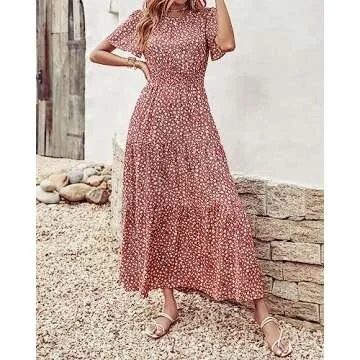 PRETTYGARDEN Women's Summer Casual Short Flutter Sleeve Round Neck Smocked Waist Tiered Boho Floral Flowy Maxi Dress(Floral Red Brown,Small)