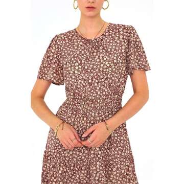 PRETTYGARDEN Women's Summer Casual Short Flutter Sleeve Round Neck Smocked Waist Tiered Boho Floral Flowy Maxi Dress(Floral Red Brown,Small)