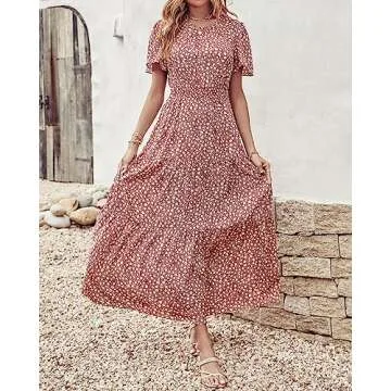 PRETTYGARDEN Women's Summer Casual Short Flutter Sleeve Round Neck Smocked Waist Tiered Boho Floral Flowy Maxi Dress(Floral Red Brown,Small)