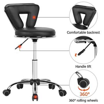 Yaheetech Rolling Swivel Salon Stool Chair Nail Chair Height Adjustable Home Spa Massage Manicure Facial Stool with Backrest and Wheels, Black