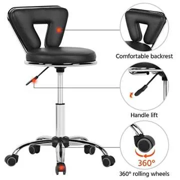 Yaheetech Rolling Swivel Salon Stool Chair Nail Chair Height Adjustable Home Spa Massage Manicure Facial Stool with Backrest and Wheels, Black