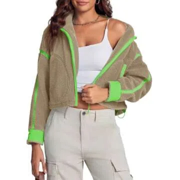 Tankaneo Women's Cropped Sherpa Fleece Jackets: Zip-Up, Drawstring Waist, Color Block Warm Fuzzy Coa...