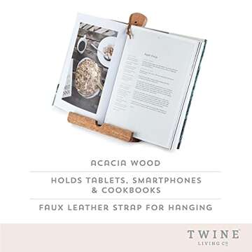 Twine Tablet Stand, Acacia Wood Tablet Holder, Cookbook Stand, Rustic Farmhouse Book Holder and Disp...