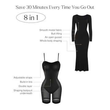 Popilush Long Sleeve Formal Dress for Women Bodycon Maxi Dresses Shapewear Tummy Control Fall Cocktail Dress Built-in Bra Black