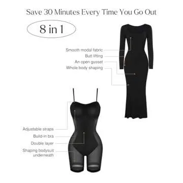 Popilush Long Sleeve Formal Dress for Women Bodycon Maxi Dresses Shapewear Tummy Control Fall Cocktail Dress Built-in Bra Black
