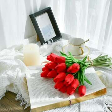 Mandy's 20pcs Red Artificial Tulip Silk Fake Flowers 13.5" for New Year Spring Mother's Day Easter Gifts in Bulk Home Kitchen Wedding Decorations Fall Flowers