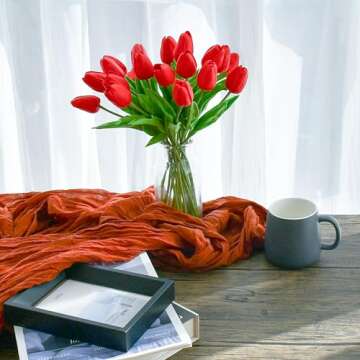 Mandy's 20pcs Red Artificial Tulip Silk Fake Flowers 13.5" for New Year Spring Mother's Day Easter Gifts in Bulk Home Kitchen Wedding Decorations Fall Flowers