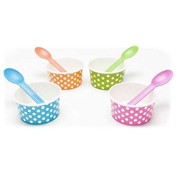 Rainbow Paper Polka Dot Ice Cream Cups 6 oz (qty 40) & Matching Plastic Spoons (qty 40) Set (by BrightandBold)