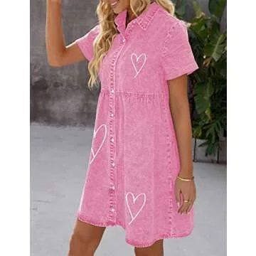 LookbookStore Pink Dresses for Women Valentine's Day Dress Pink Heart Love Print Dress Valentines Day 2024 Summer Short Sleeves Pink Dress Casual Women Babydoll Jean Dress Size L