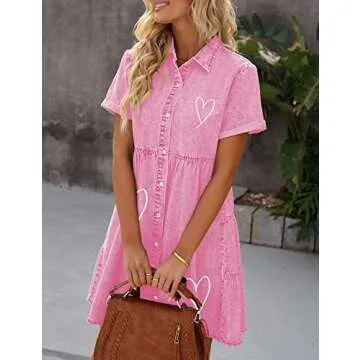 LookbookStore Pink Dresses for Women Valentine's Day Dress Pink Heart Love Print Dress Valentines Day 2024 Summer Short Sleeves Pink Dress Casual Women Babydoll Jean Dress Size L
