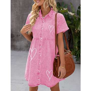 LookbookStore Pink Dresses for Women Valentine's Day Dress Pink Heart Love Print Dress Valentines Day 2024 Summer Short Sleeves Pink Dress Casual Women Babydoll Jean Dress Size L