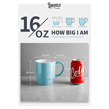 Sweese 605.602 Porcelain Stackable Mug Set - 16 Ounce for Coffee, Tea, Cocoa and Mulled Drinks - Set of 6, Turquoise