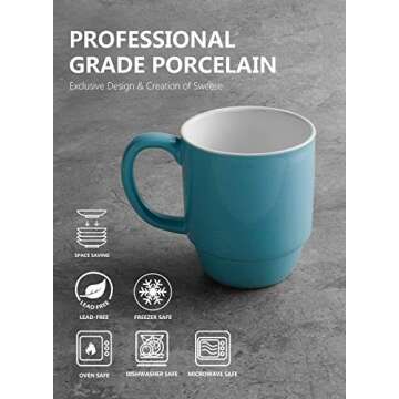 Sweese 605.602 Porcelain Stackable Mug Set - 16 Ounce for Coffee, Tea, Cocoa and Mulled Drinks - Set of 6, Turquoise