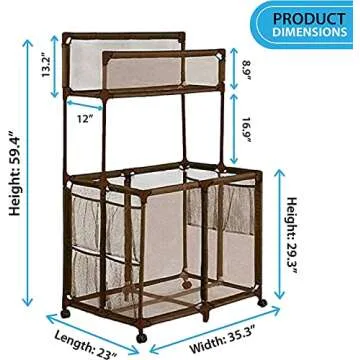 Pool Bins Pool Storage Equipment Organizer Holder - Noodles, Toys, Balls and Floats Mesh Rolling Double Decker Bin, Large with Noodle Rack, (23" L x 35.3" W x 59.4" H), Brown