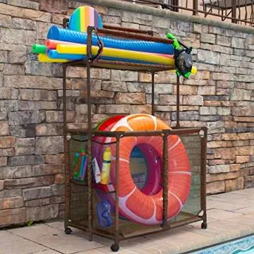 Pool Bins Pool Storage Equipment Organizer Holder - Noodles, Toys, Balls and Floats Mesh Rolling Double Decker Bin, Large with Noodle Rack, (23" L x 35.3" W x 59.4" H), Brown