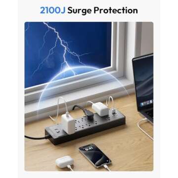 Flat Plug Extension Cord 25 Ft, NTONPOWER Surge Protector Power Strip with 12 Outlets(2 Widely Space) 3 USB, Overload Protection Switch, 2100 Joules, Wall Mount for Home Office and Workbench, Black
