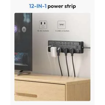 Flat Plug Extension Cord 25 Ft, NTONPOWER Surge Protector Power Strip with 12 Outlets(2 Widely Space) 3 USB, Overload Protection Switch, 2100 Joules, Wall Mount for Home Office and Workbench, Black