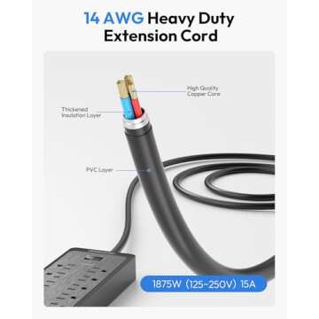 Flat Plug Extension Cord 25 Ft, NTONPOWER Surge Protector Power Strip with 12 Outlets(2 Widely Space) 3 USB, Overload Protection Switch, 2100 Joules, Wall Mount for Home Office and Workbench, Black