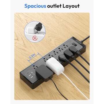 Flat Plug Extension Cord 25 Ft, NTONPOWER Surge Protector Power Strip with 12 Outlets(2 Widely Space) 3 USB, Overload Protection Switch, 2100 Joules, Wall Mount for Home Office and Workbench, Black