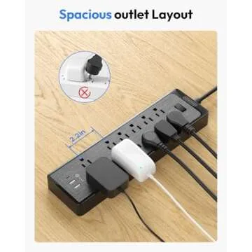 Flat Plug Extension Cord 25 Ft, NTONPOWER Surge Protector Power Strip with 12 Outlets(2 Widely Space) 3 USB, Overload Protection Switch, 2100 Joules, Wall Mount for Home Office and Workbench, Black