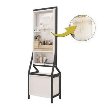 Veemuaro 360° Rotating Swivel Jewelry Armoire & Makeup Mirror Cabinet, 64.9" H Mirror Cabinet with 2 Bottom Drawers, Rear Magnetic Storage Box, Hand-Painted & Artisan White Finish