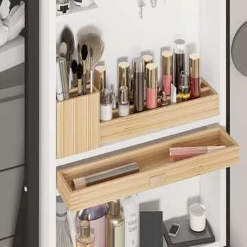 Veemuaro 360° Rotating Swivel Jewelry Armoire & Makeup Mirror Cabinet, 64.9" H Mirror Cabinet with 2 Bottom Drawers, Rear Magnetic Storage Box, Hand-Painted & Artisan White Finish